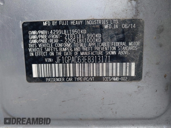 2014 Subaru Impreza Premium z VIN JF1GPAC63E8313171, wystawiony jako IAAI lot #42270472 z przebiegiem 176 818 mil mil oraz . Historia ofert i sprzedaży dostępna na DreamBid. Obrazek 9.