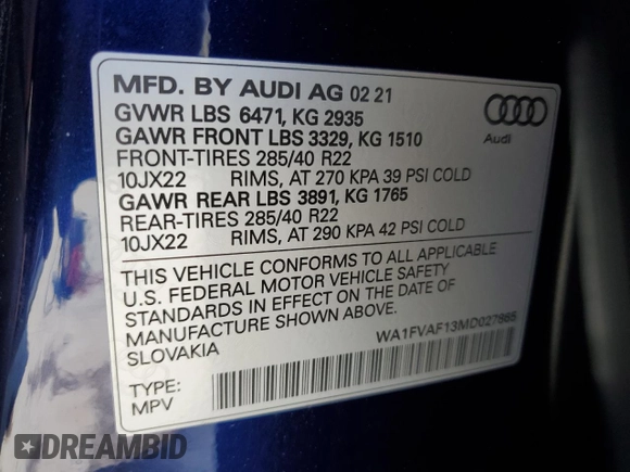 2021 Audi Q8 Prestige with VIN WA1FVAF13MD027865, listed as a Copart auction lot 61099344 with 41,905 mi miles and Salvage title. Bid and sale history available at DreamBid. Image 13.