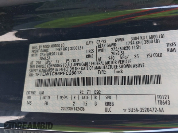 2023 Ford F-150 XL with VIN 1FTEW1C56PFC28013, listed as a IAAI auction lot 42242994 with Not Provided miles and . Bid and sale history available at DreamBid. Image 9.