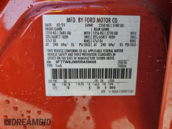2024 Ford Maverick XLT z VIN 3FTTW8J98RRA59608, wystawiony jako Copart lot #55347905 z przebiegiem 9 139 mil mil oraz Nie do naprawy • Non repairable. Historia ofert i sprzedaży dostępna na DreamBid. Obrazek 12.