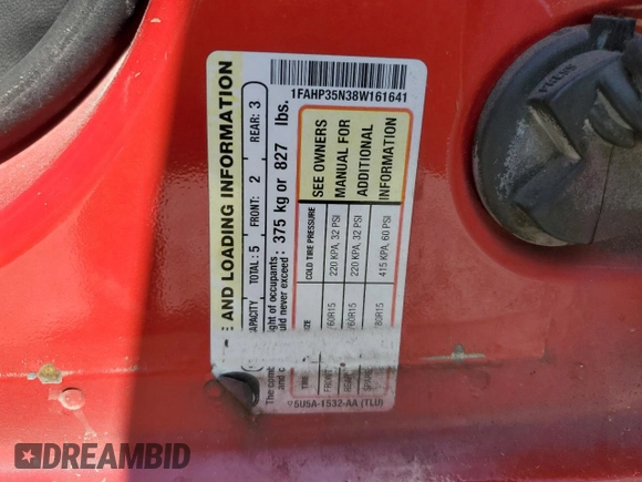 2008 Ford Focus SE with VIN 1FAHP35N38W161641, listed as a Copart auction lot 52700255 with 190,166 mi miles and Salvage Title. Bid and sale history available at carsss.com. Image 13.