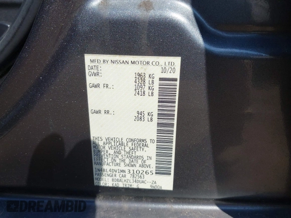2021 Nissan Altima SV with VIN 1N4BL4DV1MN310265, listed as a IAAI auction lot 42083601 with 37,709 mi miles and . Bid and sale history available at carsss.com. Image 9.