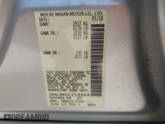 2018 Nissan Altima SR with VIN 1N4AL3APXJC258864, listed as a IAAI auction lot 42018305 with 59,265 mi miles and . Bid and sale history available at carsss.com. Image 9.