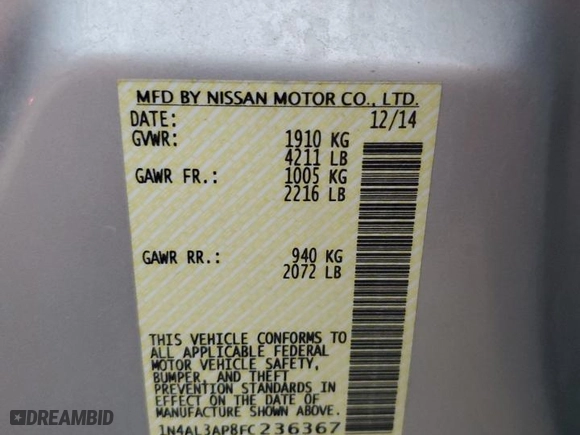 2015 Nissan Altima 2.5 SV with VIN 1N4AL3AP8FC236367, listed as a Copart auction lot 51865725 with 78,813 mi miles and Salvage Title. Bid and sale history available at carsss.com. Image 14.