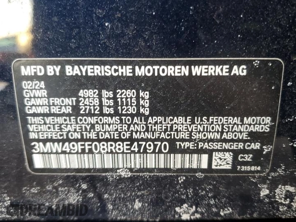 2024 BMW 3 Series M340i xDrive with VIN 3MW49FF08R8E47970, listed as a Copart auction lot 89116745 with 7,898 mi miles and Salvage Title. Bid and sale history available at carsss.com. Image 12.