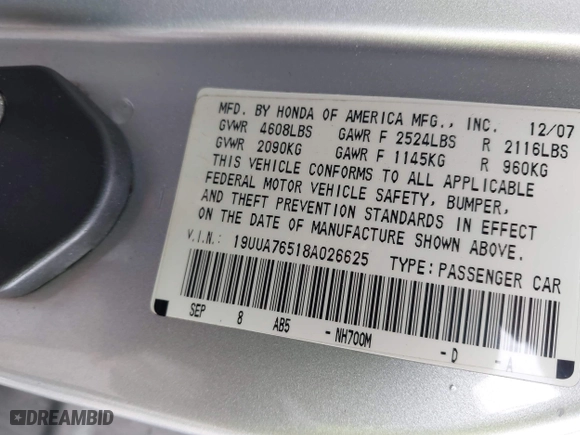 2008 Acura TL Type-S with VIN 19UUA76518A026625, listed as a IAAI auction lot 41901323 with 203,472 mi miles. Bid and sale history available at carsss.com. Image 9.