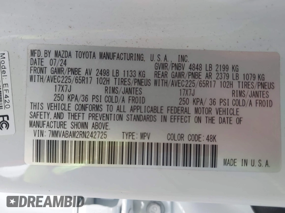 2024 Mazda CX-50 S Select with VIN 7MMVABAM2RN242725, listed as a IAAI auction lot 41477519 with 4,808 mi miles and . Bid and sale history available at DreamBid. Image 9.