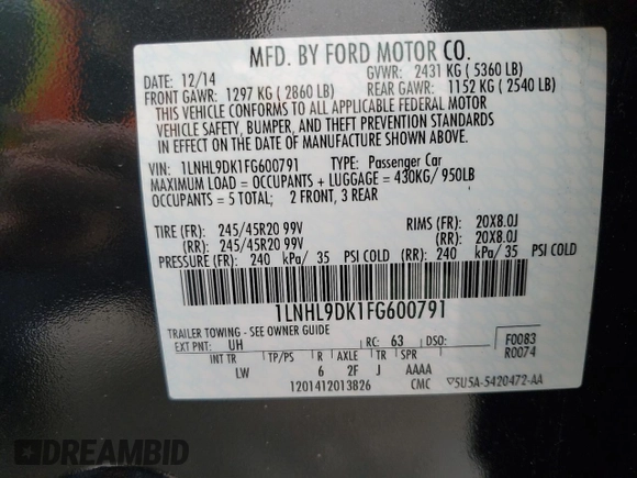 2015 Lincoln MKS with VIN 1LNHL9DK1FG600791, listed as a Copart auction lot 49575395 with 80,391 mi miles and Salvage Title. Bid and sale history available at carsss.com. Image 14.