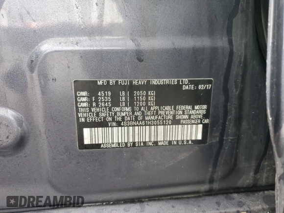 2017 Subaru Legacy with VIN 4S3BNAA61H3055120, listed as a Copart auction lot 46447585 with 125,401 mi miles and Salvage Title. Bid and sale history available at carsss.com. Image 14.