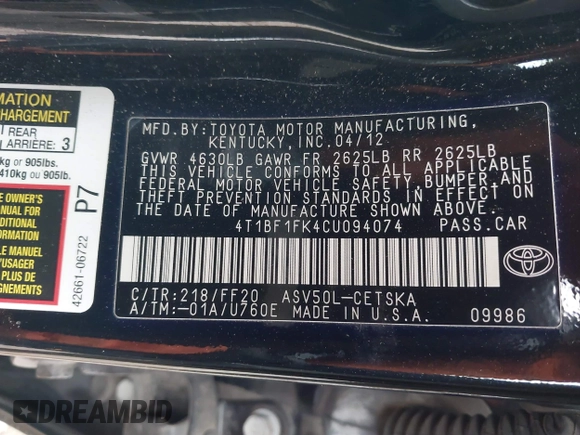 2012 Toyota Camry L with VIN 4T1BF1FK4CU094074, listed as a IAAI auction lot 41923263 with 105,780 mi miles and . Bid and sale history available at carsss.com. Image 9.