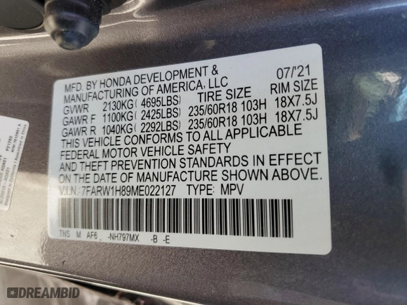2021 Honda CR-V EX-L with VIN 7FARW1H89ME022127, listed as a Copart auction lot 46645595 with 25,001 mi miles and Salvage Title. Bid and sale history available at carsss.com. Image 15.