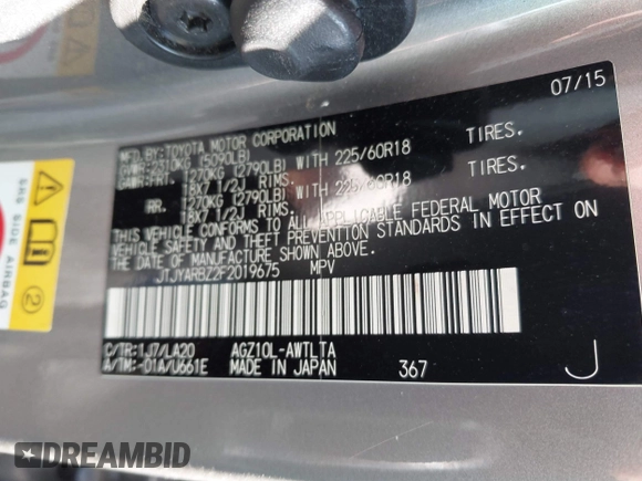2015 Lexus NX 200t with VIN JTJYARBZ2F2019675, listed as a IAAI auction lot 41676917 with 92,810 mi miles and . Bid and sale history available at DreamBid. Image 9.