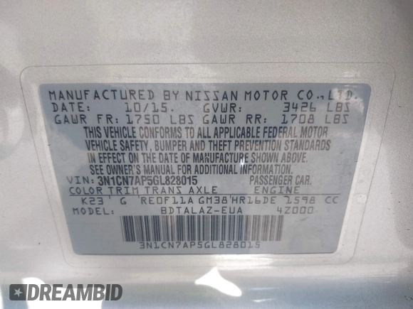 2016 Nissan Versa SV with VIN 3N1CN7AP5GL828015, listed as a IAAI auction lot 40849652 with 99,928 mi miles. Bid and sale history available at carsss.com. Image 9.