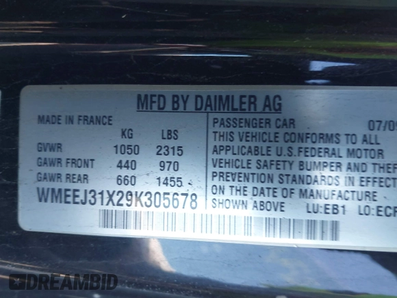 2009 Smart fortwo Pure with VIN WMEEJ31X29K305678, listed as a IAAI auction lot 41691476 with Not Provided miles and . Bid and sale history available at DreamBid. Image 9.