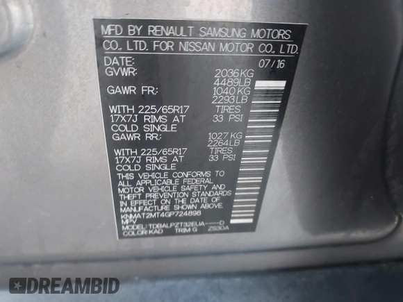 2016 Nissan Rogue S with VIN KNMAT2MT4GP724898, listed as a IAAI auction lot 42036733 with 145,679 mi miles and . Bid and sale history available at DreamBid. Image 9.