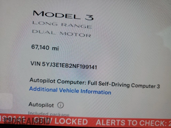 2022 Tesla Model 3 Long Range with VIN 5YJ3E1EB2NF199141, listed as a Copart auction lot 53069145 with 67,140 mi miles and Non Repairable. Bid and sale history available at DreamBid. Image 9.
