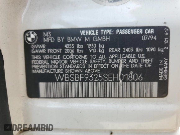1995 BMW 3 Series M3 with VIN WBSBF9325SEH01806, listed as a Copart auction lot 49340145 with 284,562 mi miles and Clean Title. Bid and sale history available at DreamBid. Image 13.