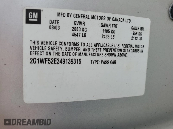 2004 Chevrolet Impala with VIN 2G1WF52E349139316, listed as a Copart auction lot 59657425 with 166,536 mi miles and Salvage title. Bid and sale history available at DreamBid. Image 12.