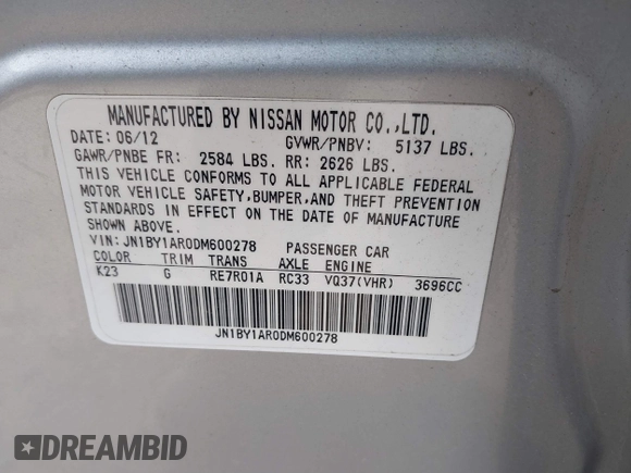 2013 Infiniti M z VIN JN1BY1AR0DM600278, wystawiony jako IAAI lot #41303485 z przebiegiem 298 943 mil mil oraz . Historia ofert i sprzedaży dostępna na DreamBid. Obrazek 9.