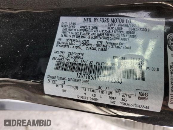 2006 Ford Mustang GT Deluxe with VIN 1ZVFT85H965172583, listed as a Copart auction lot 48185355 with 191,338 mi miles and Salvage Title. Bid and sale history available at carsss.com. Image 15.