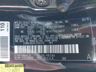 2015 Toyota Sienna LE AAS with VIN 5TDKK3DCXFS594370, listed as a IAAI auction lot 41910126 with 131,638 mi miles. Bid and sale history available at carsss.com. Image 9.
