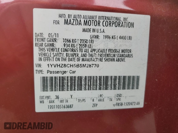 2011 Mazda 6 i Touring with VIN 1YVHZ8CH5B5M28770, listed as a Copart auction lot 58891985 with 158,453 mi miles and Salvage title. Bid and sale history available at DreamBid. Image 12.