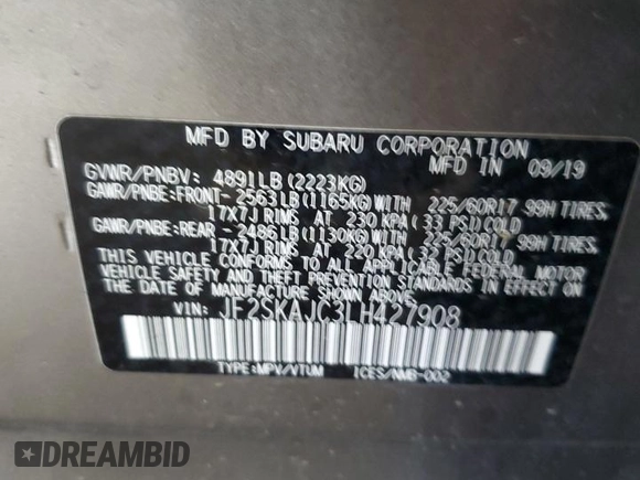 2020 Subaru Forester Premium with VIN JF2SKAJC3LH427908, listed as a Copart auction lot 61775115 with 60,489 mi miles and Salvage title. Bid and sale history available at DreamBid. Image 13.