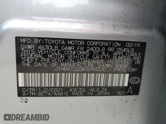 2019 Lexus IS with VIN JTHBA1D20K5094330, listed as a Copart auction lot 47446205 with 59,051 mi miles and Salvage Title. Bid and sale history available at carsss.com. Image 12.