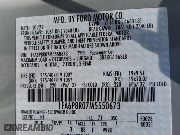 2021 Ford Mustang Mach 1 with VIN 1FA6P8R07M5550673, listed as a Copart auction lot 53577895 with 44,158 mi miles and Salvage title. Bid and sale history available at DreamBid. Image 13.
