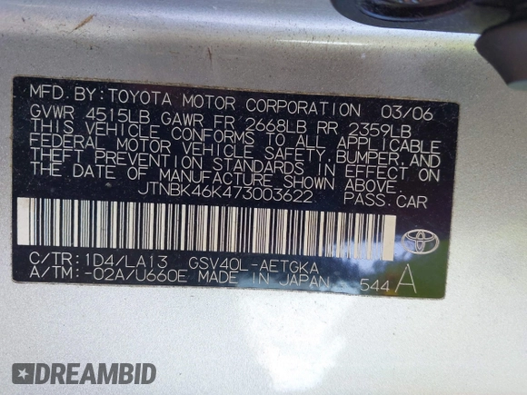 2007 Toyota Camry LE z VIN JTNBK46K473003622, wystawiony jako IAAI lot #42286264 z przebiegiem 105 630 mil mil oraz . Historia ofert i sprzedaży dostępna na DreamBid. Obrazek 9.