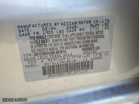 2024 Nissan Versa S with VIN 3N1CN8DV3RL897613, listed as a Copart auction lot 60832014 with 1,198 mi miles and Non Repairable. Bid and sale history available at carsss.com. Image 12.