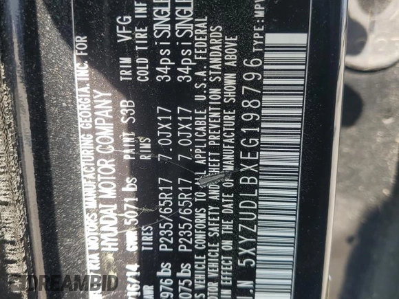 2014 Hyundai Santa Fe with VIN 5XYZUDLBXEG198796, listed as a Copart auction lot 56596375 with 106,017 mi miles and Salvage title. Bid and sale history available at DreamBid. Image 13.