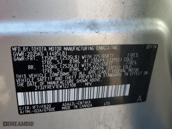 2014 Toyota RAV4 LE with VIN 2T3ZFREV1EW122108, listed as a Copart auction lot 50558065 with 140,907 mi miles and Salvage Title. Bid and sale history available at carsss.com. Image 13.