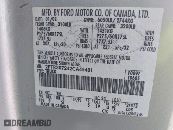 2002 Ford F-150 XL with VIN 2FTRX07242CA45481, listed as a IAAI auction lot 42097689 with Not provided miles and . Bid and sale history available at DreamBid. Image 9.