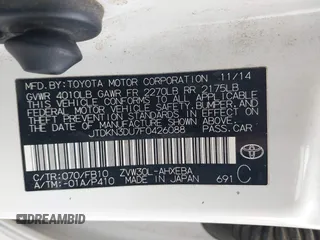 2015 Toyota Prius Four with VIN JTDKN3DU7F0426088, listed as a IAAI auction lot 42157924 with 109,746 mi miles and . Bid and sale history available at DreamBid. Image 9.
