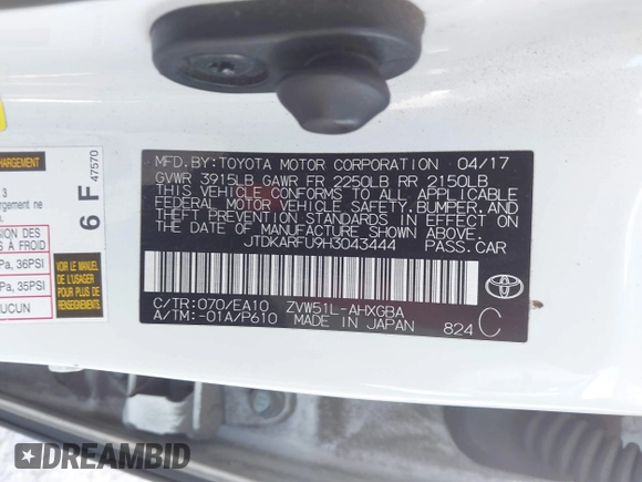 2017 Toyota Prius Two z VIN JTDKARFU9H3043444, wystawiony jako IAAI lot #41729481 z przebiegiem 148 706 mil mil oraz . Historia ofert i sprzedaży dostępna na DreamBid. Obrazek 9.