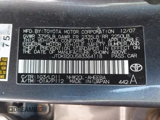 2008 Toyota Prius with VIN JTDKB20U583364118, listed as a IAAI auction lot 42135822 with 277,800 mi miles and . Bid and sale history available at DreamBid. Image 9.