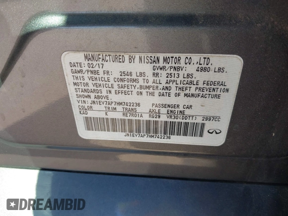 2017 Infiniti Q50 Signature Edition with VIN JN1EV7AP7HM742236, listed as a IAAI auction lot 41662043 with 114,312 mi miles and . Bid and sale history available at DreamBid. Image 9.