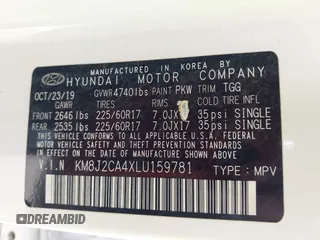 2020 Hyundai Tucson SE z VIN KM8J2CA4XLU159781, wystawiony jako IAAI lot #42170758 z przebiegiem 108 655 mil mil oraz . Historia ofert i sprzedaży dostępna na DreamBid. Obrazek 9.