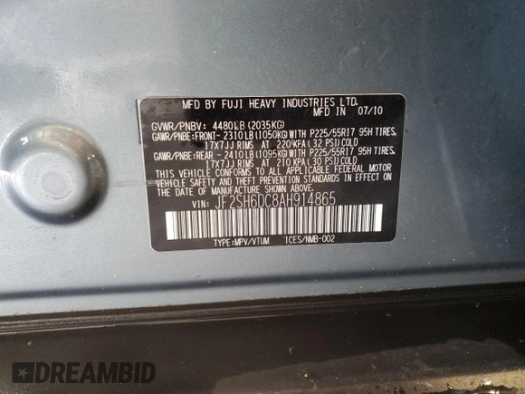 2010 Subaru Forester X Limited with VIN JF2SH6DC8AH914865, listed as a Copart auction lot 58438995 with 118,581 mi miles and Salvage title. Bid and sale history available at DreamBid. Image 13.