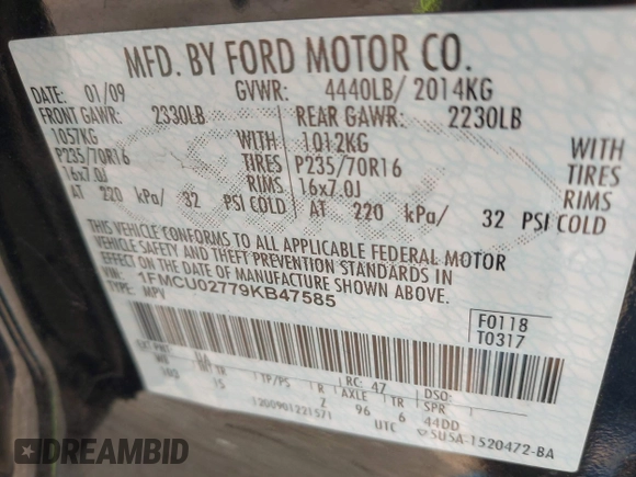 2009 Ford Escape XLS with VIN 1FMCU02779KB47585, listed as a IAAI auction lot 41898291 with 154,937 mi miles and . Bid and sale history available at DreamBid. Image 9.