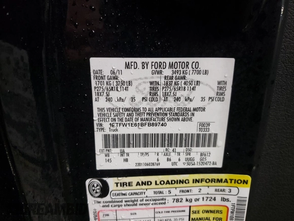 2011 Ford F-150 Lariat with VIN 1FTFW1E61BFB89740, listed as a Copart auction lot 45482805 with 142,851 mi miles and Salvage Title. Bid and sale history available at carsss.com. Image 12.