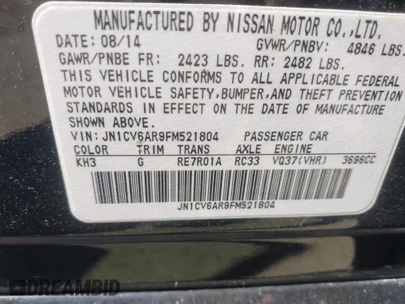 2015 Infiniti Q40 with VIN JN1CV6AR9FM521804, listed as a IAAI auction lot 41910078 with 51,683 mi miles. Bid and sale history available at carsss.com. Image 9.