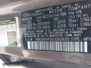 2014 Hyundai Santa Fe Limited with VIN KM8SNDHF6EU069930, listed as a IAAI auction lot 41650621 with 74,999 mi miles. Bid and sale history available at carsss.com. Image 9.