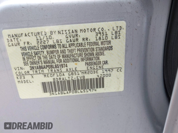2011 Nissan Sentra SL with VIN 3N1AB6AP0BL651974, listed as a IAAI auction lot 42011960 with 147,896 mi miles and . Bid and sale history available at DreamBid. Image 9.