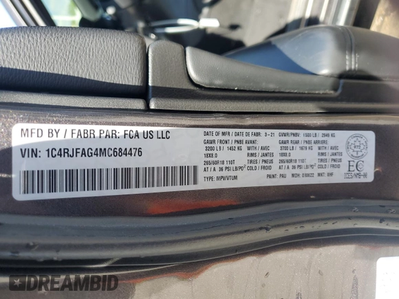 2021 Jeep Grand Cherokee Laredo X with VIN 1C4RJFAG4MC684476, listed as a Copart auction lot 57893135 with 20,056 mi miles and Salvage title. Bid and sale history available at DreamBid. Image 13.