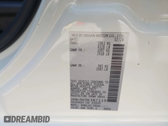 2024 Nissan Altima SV with VIN 1N4BL4DV2RN387119, listed as a IAAI auction lot 42563462 with 51,591 mi miles and . Bid and sale history available at DreamBid. Image 9.