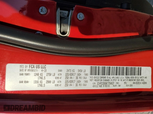 2019 Dodge Journey SE with VIN 3C4PDCBG8KT750637, listed as a Copart auction lot 46603645 with 92,274 mi miles and Salvage Title. Bid and sale history available at DreamBid. Image 14.