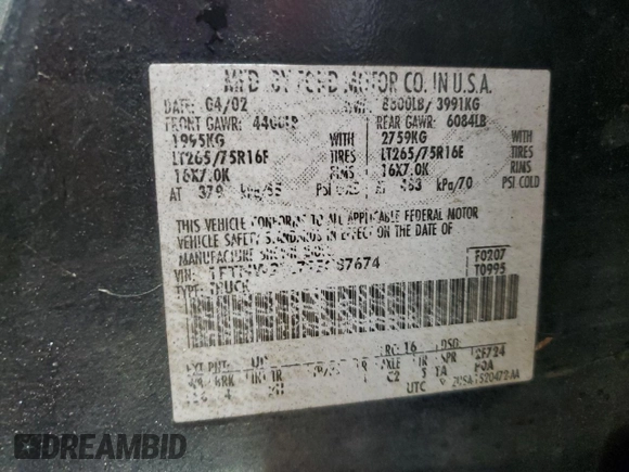 2002 Ford F-250 XL with VIN 1FTNW21L72EC87674, listed as a Copart auction lot 60322595 with Not provided miles and Salvage title. Bid and sale history available at DreamBid. Image 12.