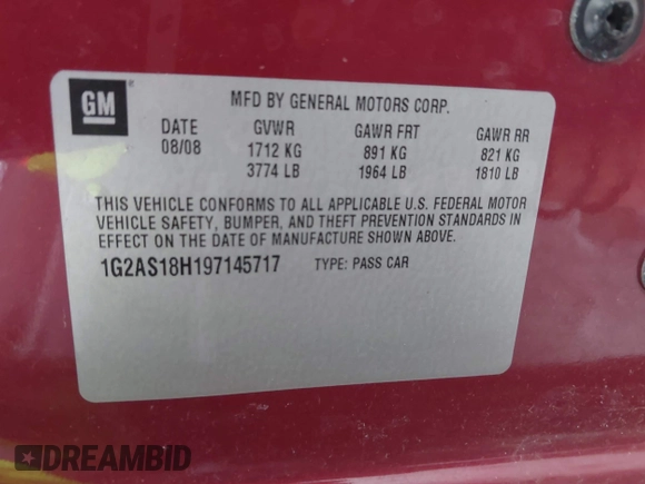 2009 Pontiac G5 with VIN 1G2AS18H197145717, listed as a IAAI auction lot 41407769 with 163,902 mi miles. Bid and sale history available at carsss.com. Image 9.
